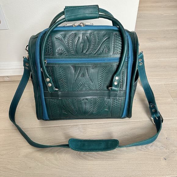 ROPIN WEST VANITY TRAVEL BAG CASE GENUINE HAND TOOLED LEATHER TURQUOISE GREEN - Picture 3 of 13